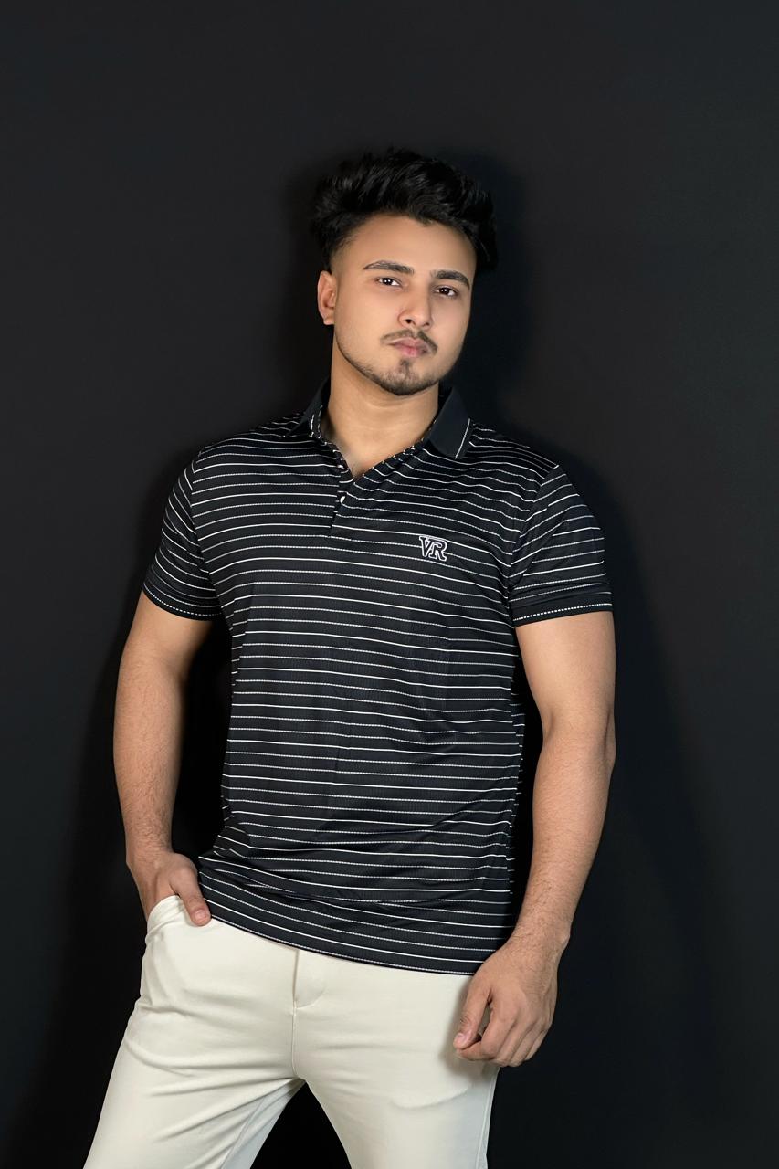 কালো কালার হোয়াইট স্ট্রাইপ পোলো টি-শার্ট-VR